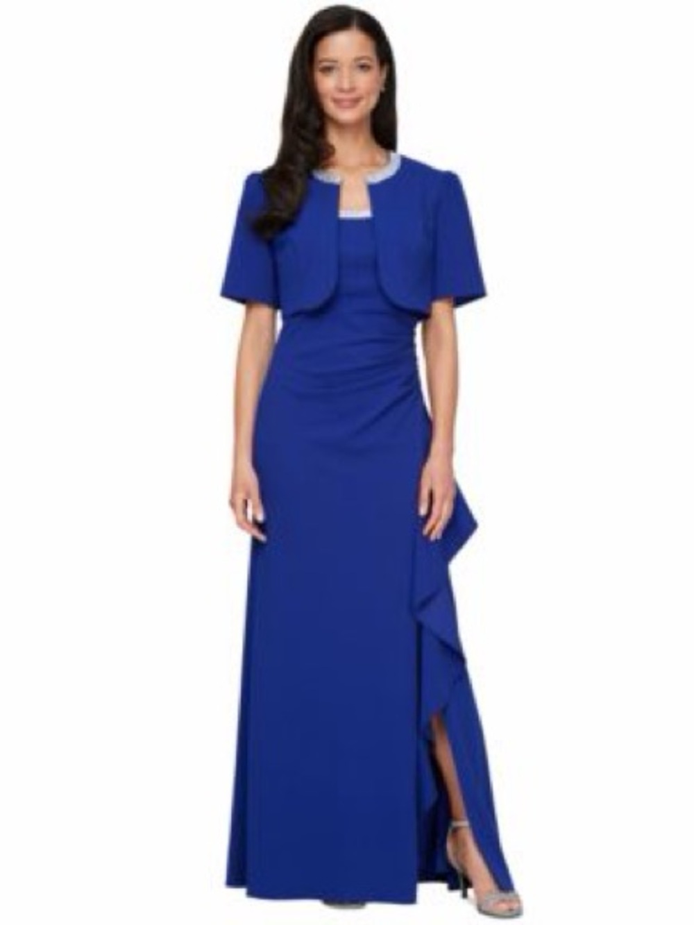 Alex Evenings Royal Blue Embellished Jacket & Ruffle Gown Dress Set NWT Size 12